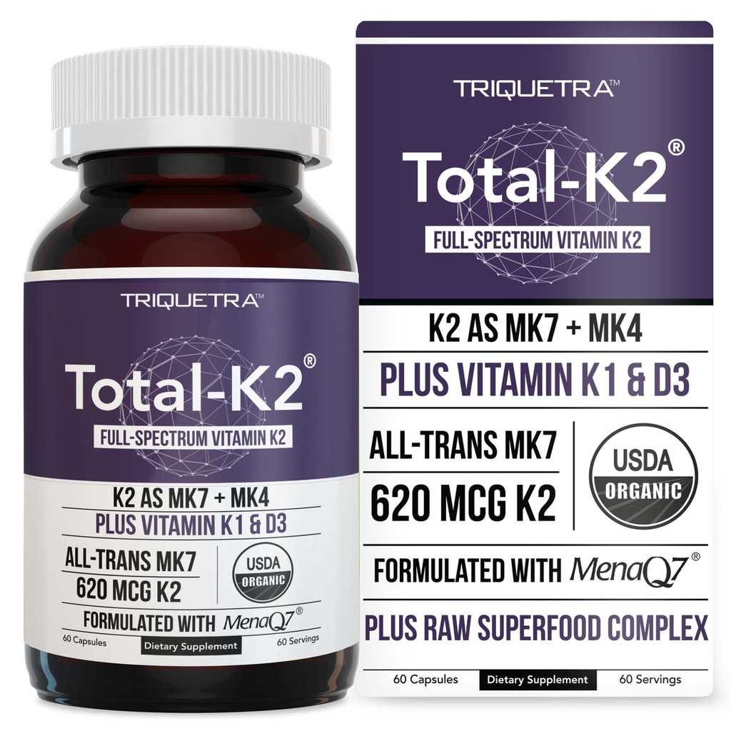 Gesamt K2® | Vitamin K2 als MK7 & MK4 | Plus K1 & Vitamin D3 Cofaktor - 620 mcg K2 pro Servierung - All-Trans MK7 von MenaQ7® - Full-Spectrum Vitamin K - Vegan, Organisch zertifiziert (60 Kapseln)