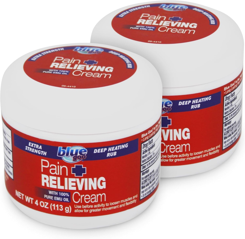 Blue Goo Crème de soulagement de la douleur de force maximale - Rubule de chauffage profond pour dos/col, Muscle de sport / joint, Sprains, Bursistis, Strains - 2 paquets de 4 oz, fait avec l'huile d'émeu 100% pure
