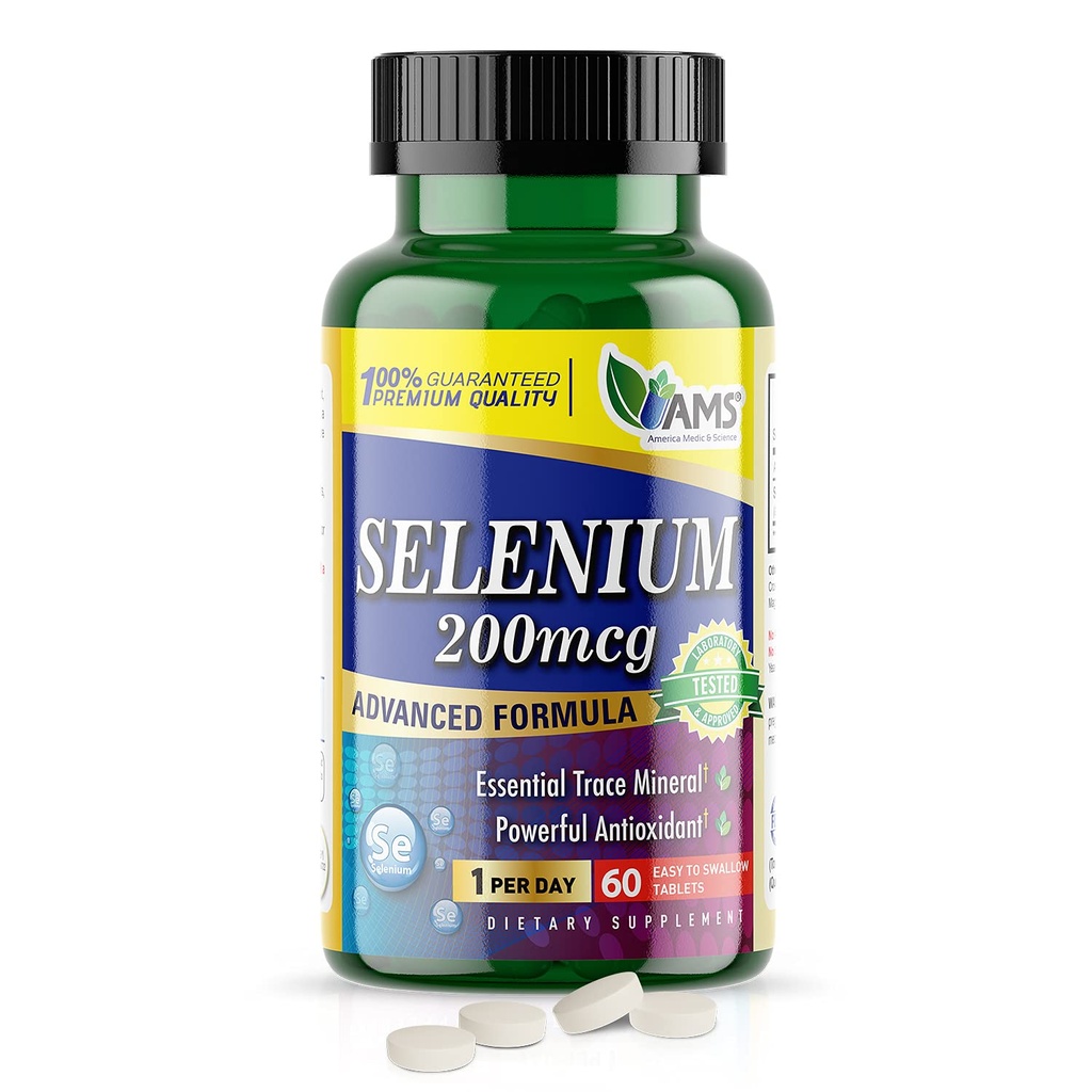 America Medic & Science Selenium 200 mcg (1 Packung mit 60 Tabletten) Reines Nahrungsergänzungsmittel für Männer und Frauen, essentielles Spurenmineral und starkes Antioxidans am besten für Immununterstützung und Schilddrüsengesundheit