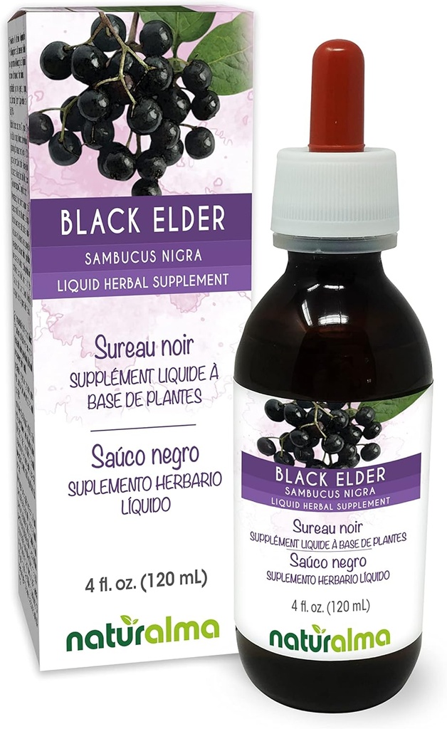 Naturalma Black Elder (Sambucus nigra) Blume (Elderflower) und Frucht (Elderberry) Alkoholfreie Tinktur - 4 fl oz Flüssiger Extrakt in Tropfen - Kräuterergänzung - Vegan