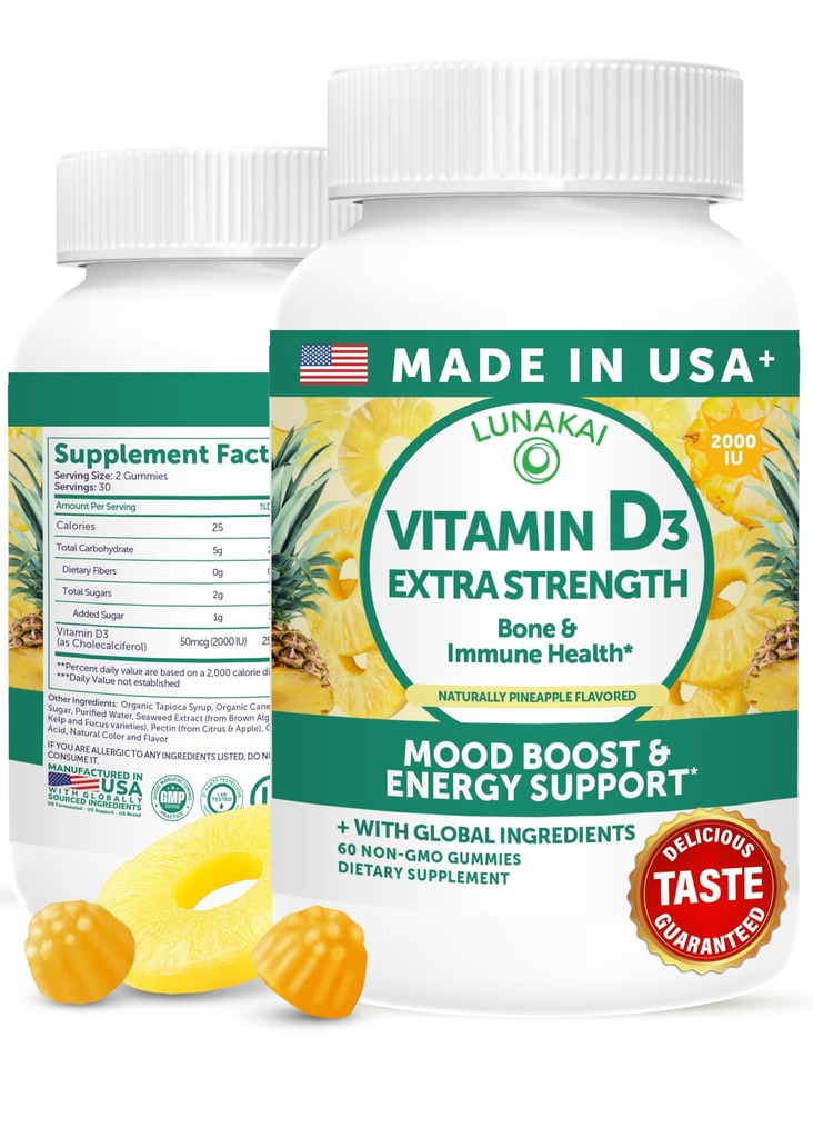 Lunakai USA Hergestelltes Vitamin D3 Gummies 2000 IU - Non-GMO, Glutenfreies Vitamin D Gummies für Damen und Herren - Knochen, Immun- und Energieunterstützung, 60ct