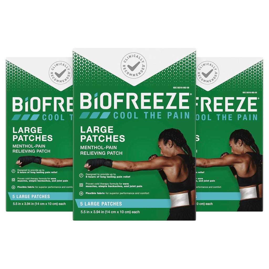 Biofreeze Pain Relief Patches, Arthritis Pain Reliver, Knee & Lower Back Pain Relief Patch, Sore Muscle Relief, Neck Schmerzen Relief, FSA Eligible, 3 Pack (5 Biofreeze Menthol Patches)