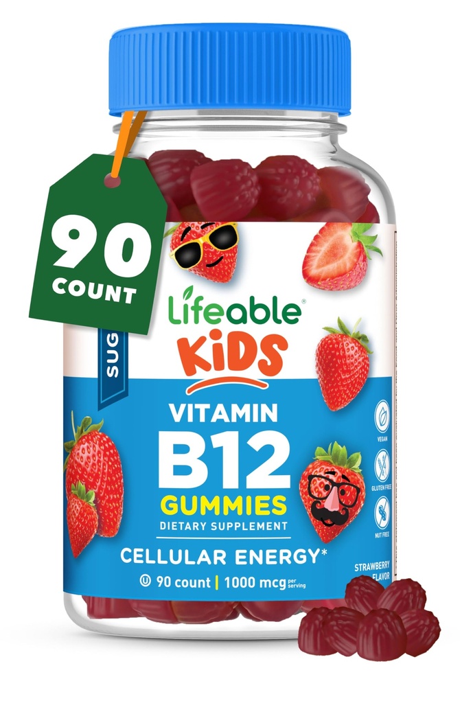 Lebensfähige Zucker Kostenlose Kinder Vitamin B12 Gummie | 1000 mcg | Große Verkostung B12 Vitamine für Kinder | Energie, Stimmung und Stoffwechsel Unterstützung | B 12 Vitamin Gummie für Jungen und Mädchen | 90 Gummie