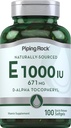 Piping Rock Vitamin E 1000 IU Softgel Kapseln | 671mg | 100 Pillen | D-Alpha Tocopheryl Supplement | Non-GMO, Glutenfrei