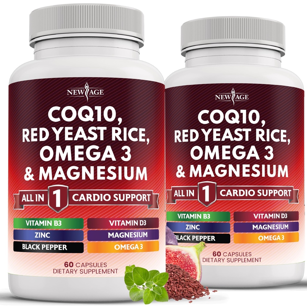NEU AGE COQ10 200mg Red Yeast Rice 3000mg Omega 3-6-9 3000mg Magnesium Complex 500mg Zink Vitamin K2 D3 - Vitamine für Frauen und Männer mit Vitamin B3, Coenzym Q10-120 Count