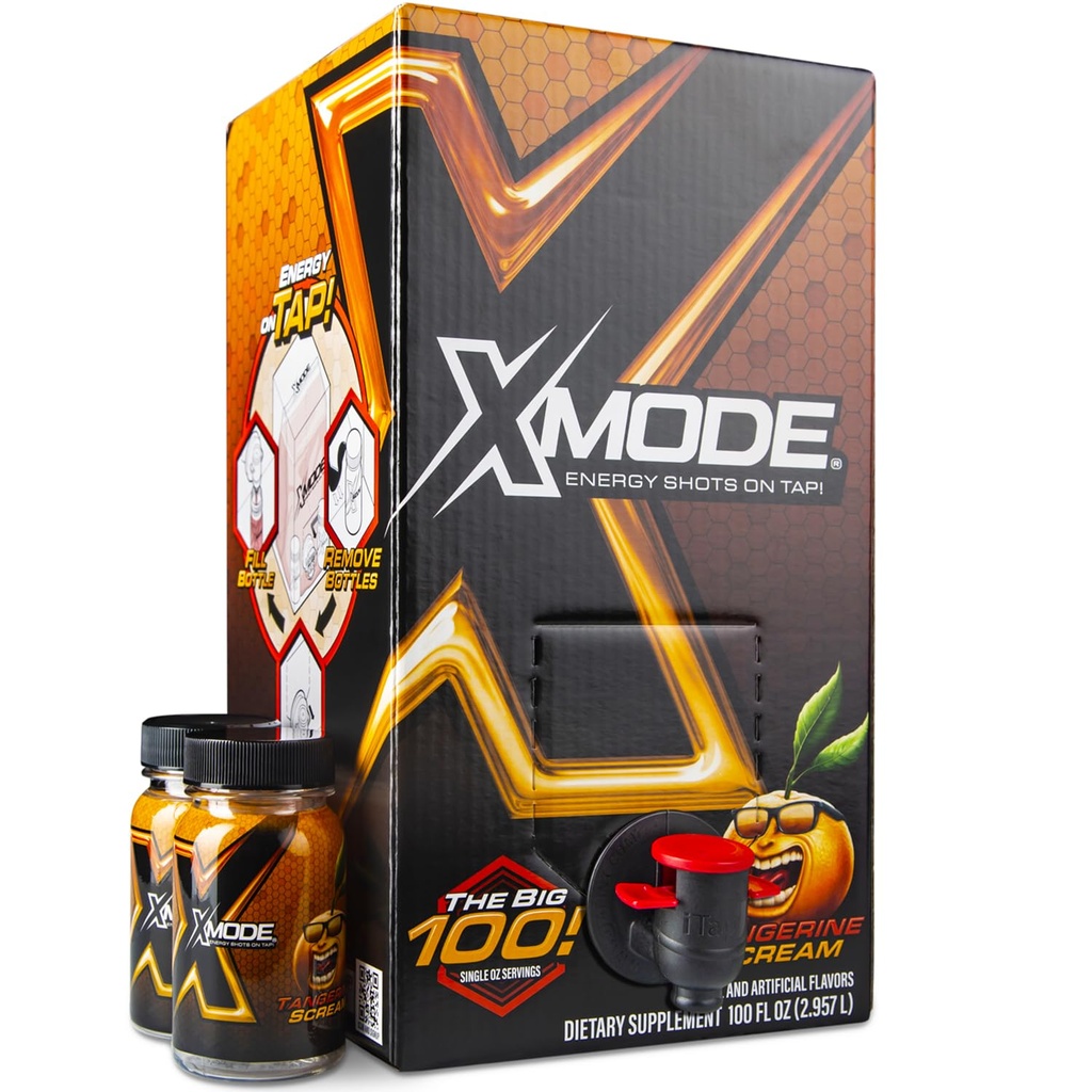 XMODE Extra Strength Energy Shots on Tap - Tangerine Flavor, Sugar Free, 150mg Koffein pro Unze, B12, 100 (1oz) Servierungen, Spender mit 2 nachfüllbaren Flaschen