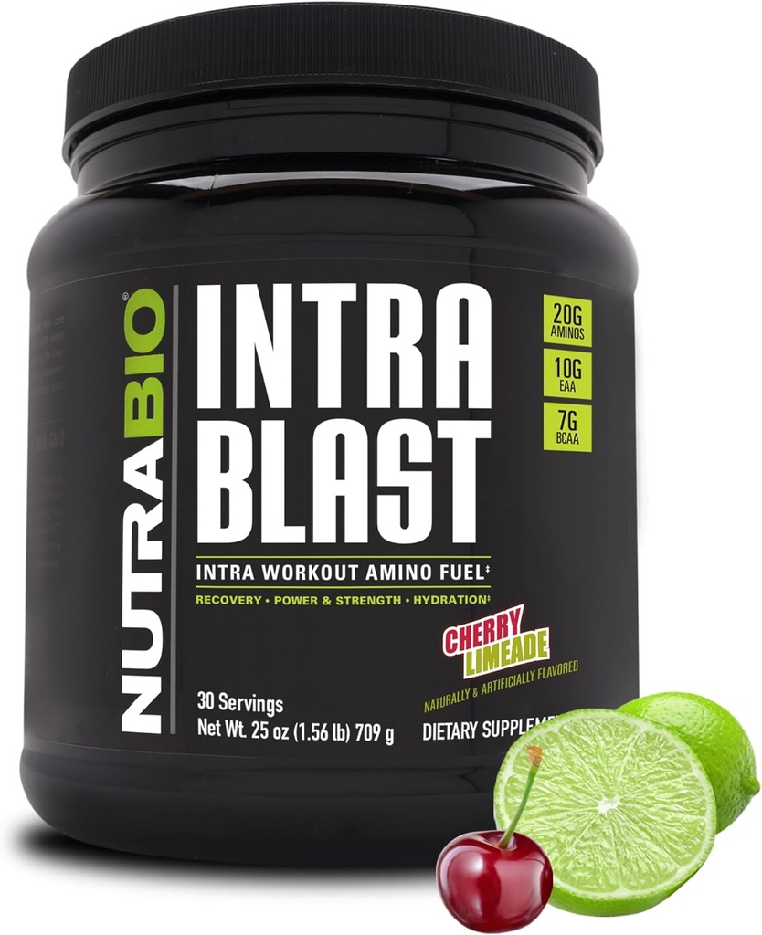 NutraBio Intra Blast Bcaa poudre de supplément d'acide amino, électrolyte et mélange d'hydratation, intra, pré-entraînement et récupération musculaire, 20g Eaa Amino acides poudre, 5g Glutamine- Limeade de cerise, 30 servir