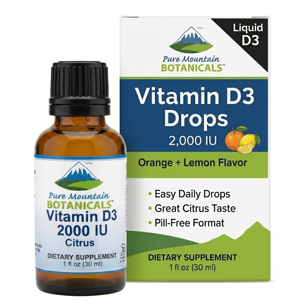 Pure Mountain Botanicals Aroma Vitamin D Tropfen – Orange und Zitronen Flavored Liquid Vitamin D3-2000iu per Servieren - 1oz Flasche