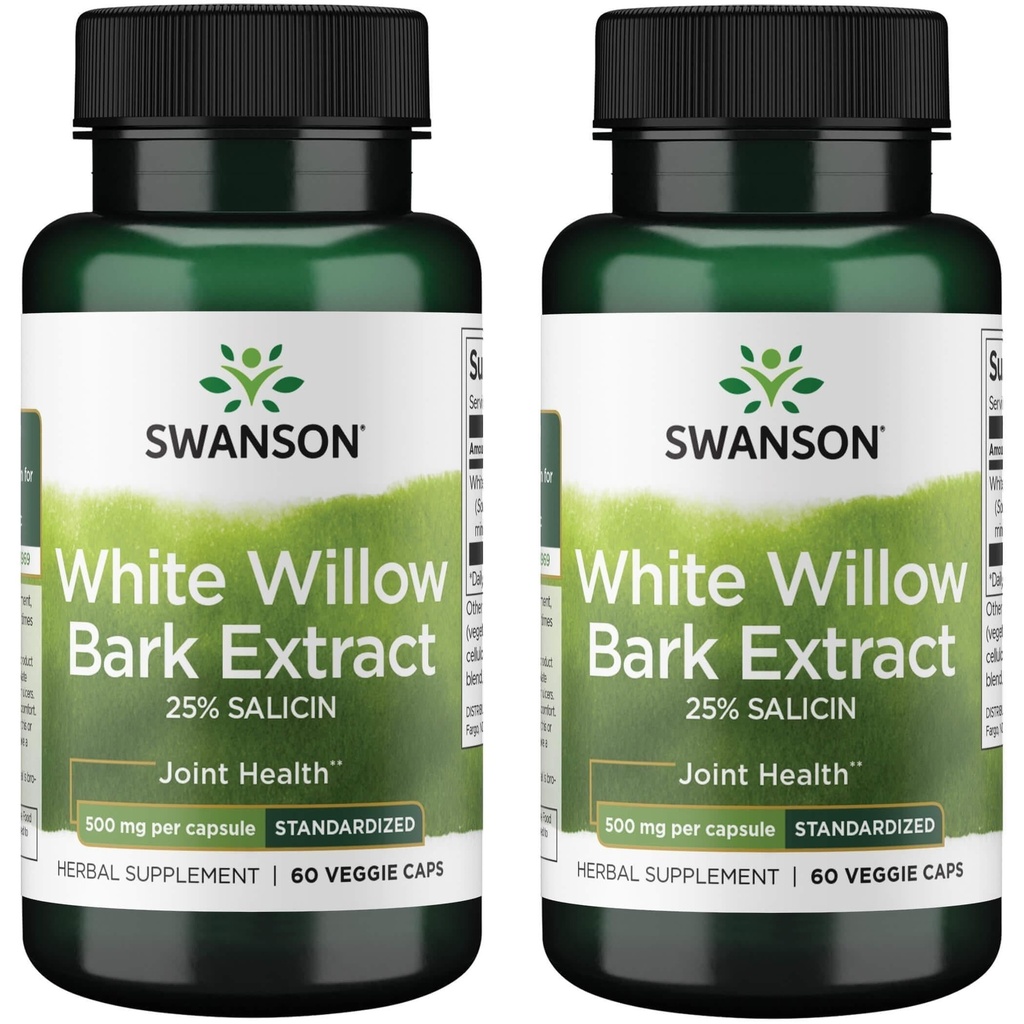 Swanson Maximum Strength White Willow Bark Extract-Promotes Joint Support & Muscle Relief-Standardized to 25% Salicin-Natural Supplement with No Stomach Iritation (60 Veggie Caps, 500mg Chaque) 2 Pack