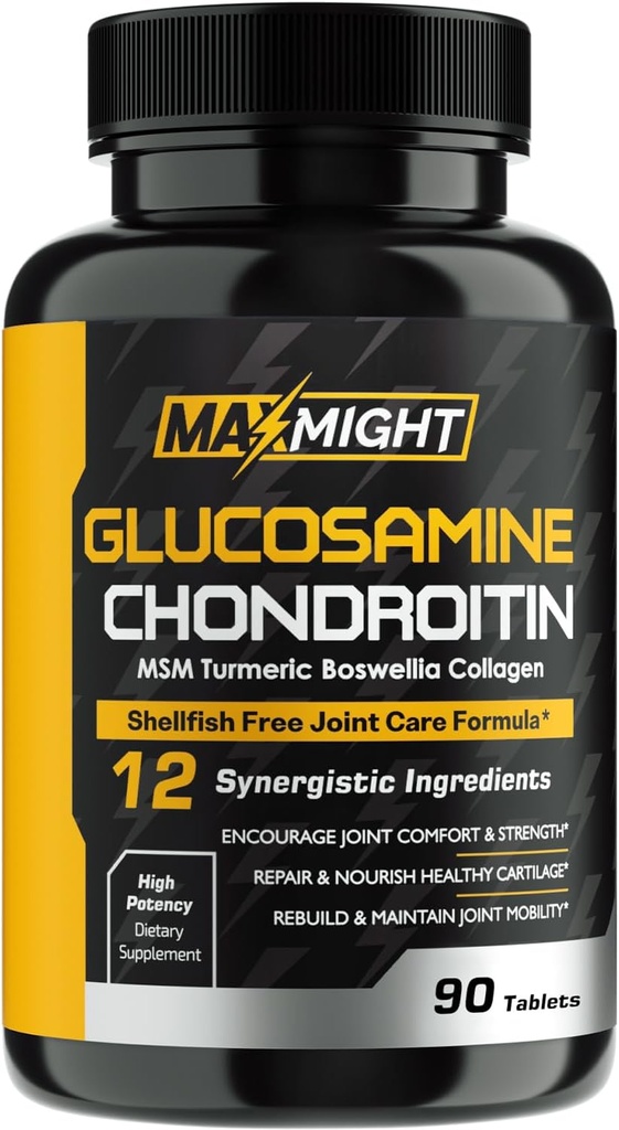 Glucosamin Chondroitin MSM Turmeric, Boswellia, 12-in-1, Joint Comfort, Mobility, Lubrication & Strength for Men Women & Senior, 90 Tab, No Shellfish
