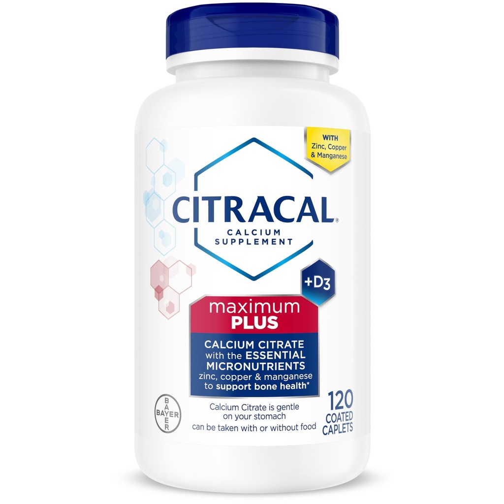 Citracal Maximum Plus, 650 mg Calcium Citrat, leicht absorbiert und hochlöslich mit 25 mcg (1000 IU) Vitamin D3, Knochengesundheitsunterstützung, Kalziumergänzung für Alter 12+, 120 Count (Verpackung Mai Vary)