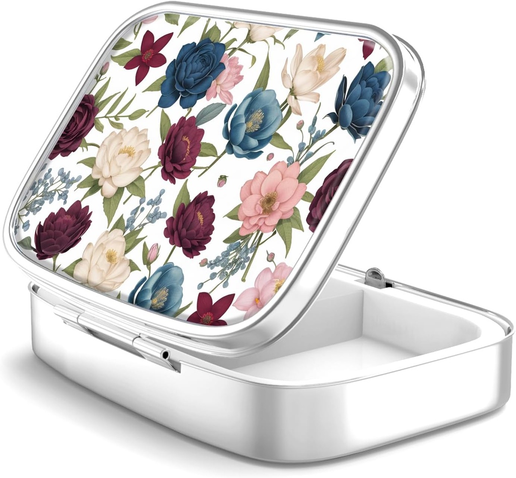 Pill Box 2 Compartiment petit cas de pilule, Portable pour Pocket ou Purse Pill Organizer Porte-conteneur de pilule pour tenir les vitamines, les médicaments, l'huile de poisson et les suppléments (fleurs de jardin)