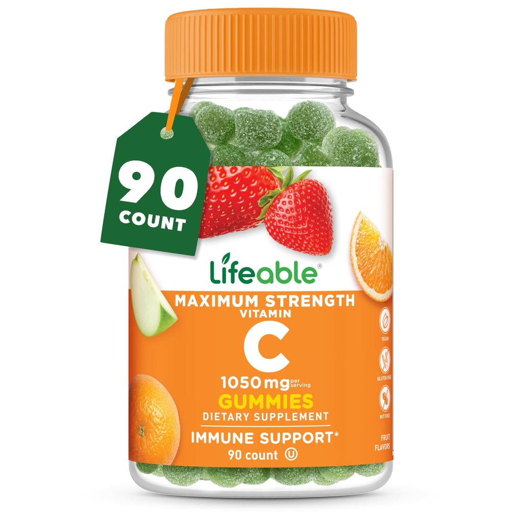 Vitamine vivante C - Supplément Gommy au goût naturel - Vitamines à croquer sans OGM végétariennes - pour le soutien immunitaire - 90 Gommies (1050 mg)