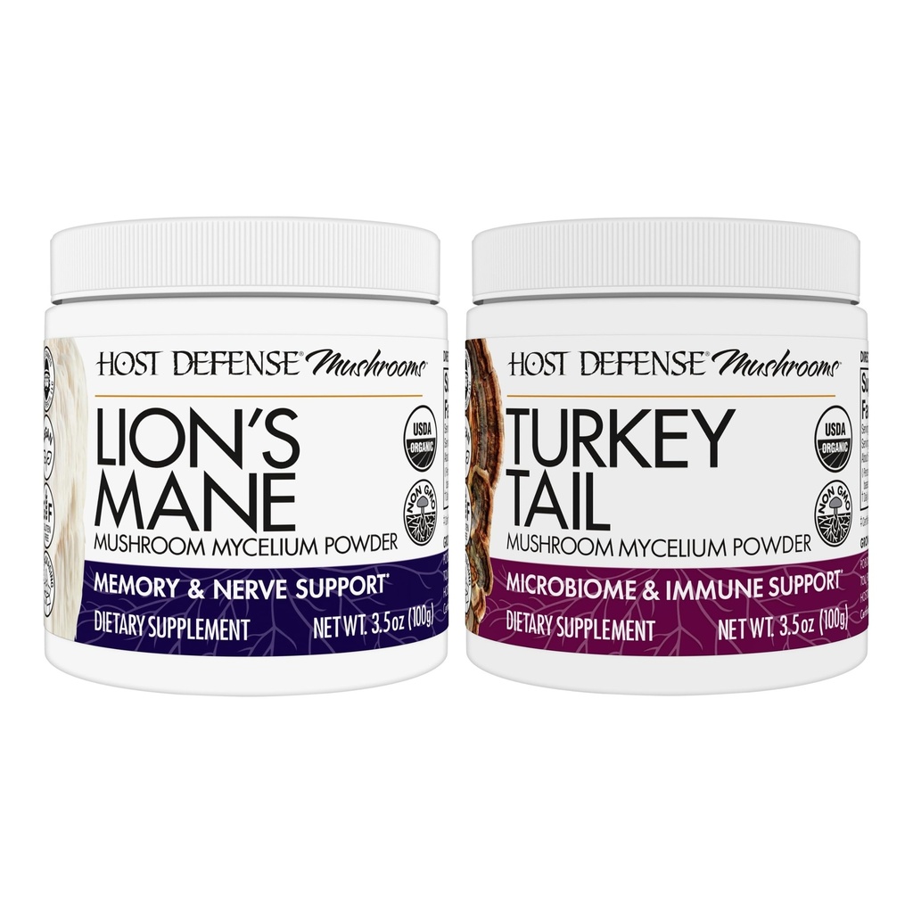 Host Defense Bundle mit Lion's Mane Powder, 3,5 oz & Turkey Tail Mushroom Powder, 3.5 oz - Unterstützung Brain Health, Memory & Focus - Unterstützung Verdauungs- und Immungesundheit*