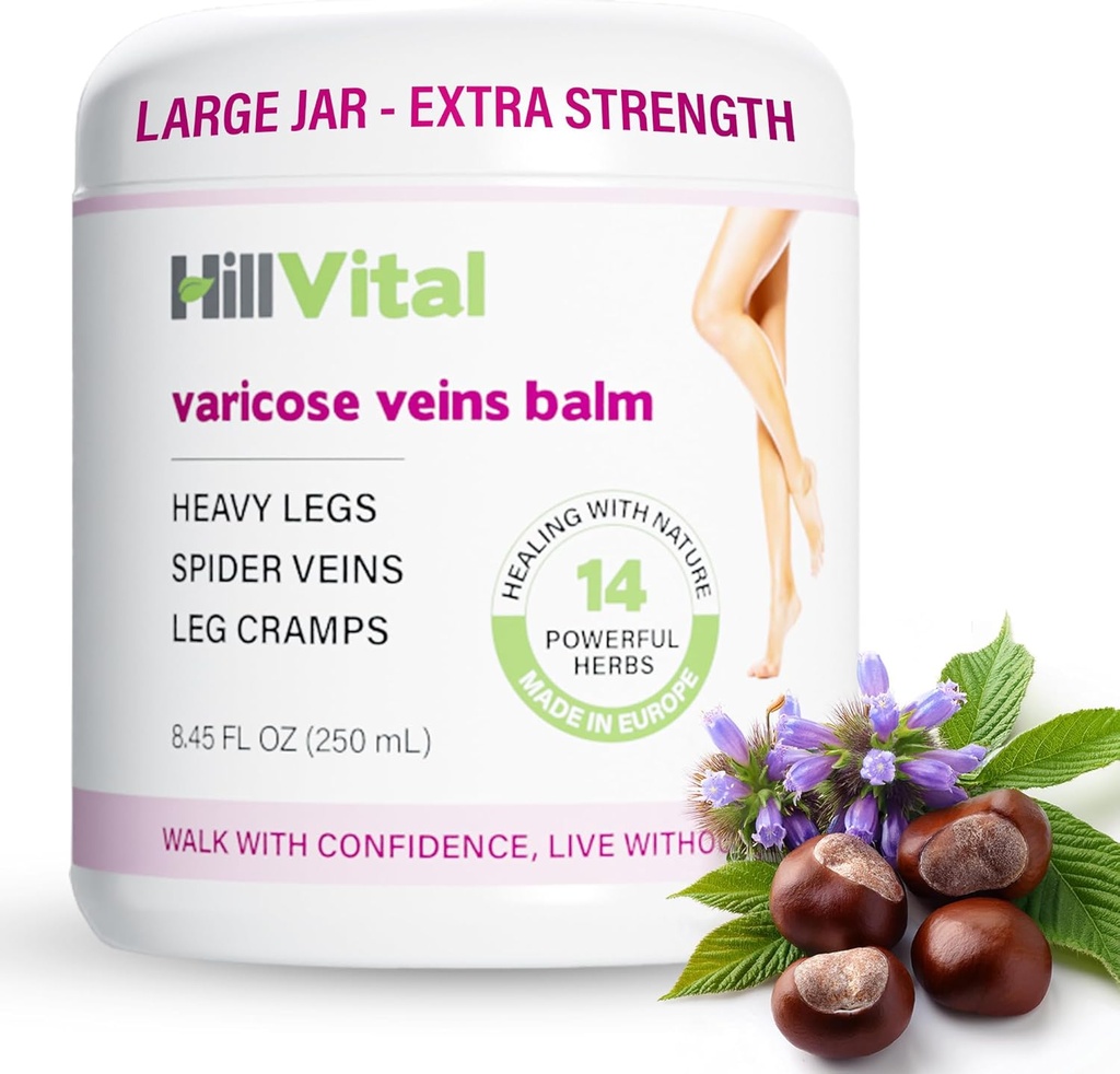 HillVitale Varicose Venen Behandlung für Beine, Natürliche Varicose Vein Cream & Spider Vein Behandlung für Beine und andere Körperteile, Premium Horse Chestnut Cream für Puffed Veins, mit 14 Kräutern infundiert