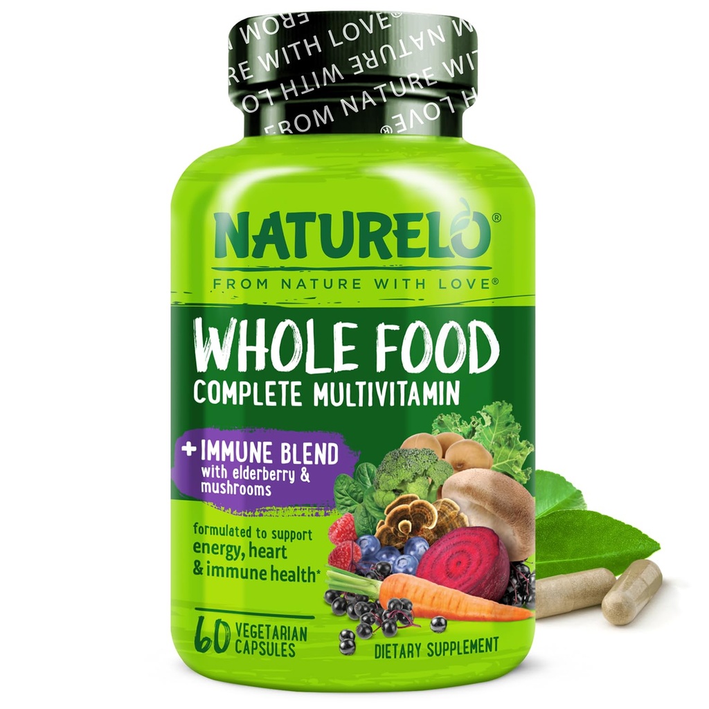 NATURELO Whole Food Multivitamin + Immune Blend with Elderberry & Mushrooms - Complete Multivitamin with Extra Immune Support - C, D3, Zinc, Elderberry, Reishi, Shitake - 60 Vegan Capsules