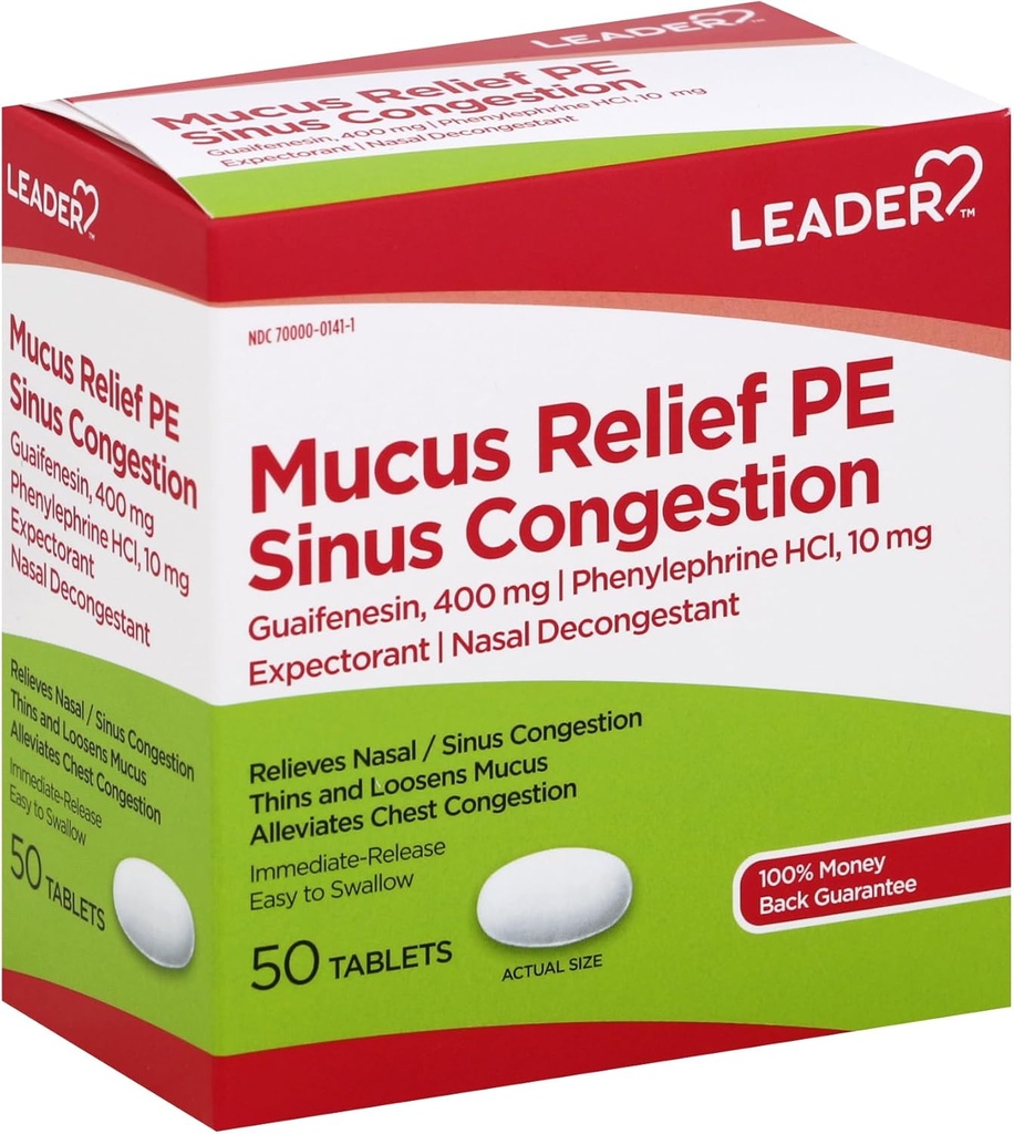 Leader Mucus Relief PE Sinus Congestion, Expectorant; Nasal Decongestant, Thins und Loosens Mucus, Sofort-Release, lindert Chest Congestion, 50 Tabletten