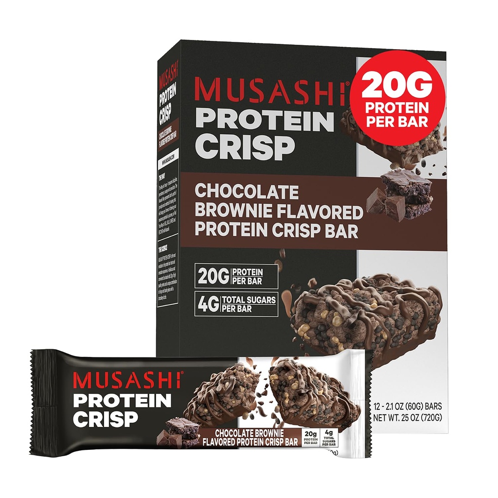 MUSASHI Protein Crisp Bar, 20g Protein, 4g Gesamtzucker, Schokolade Brownie, Post Workout und Snack On The Go, 12 Packung 2,1oz (60g) Bars