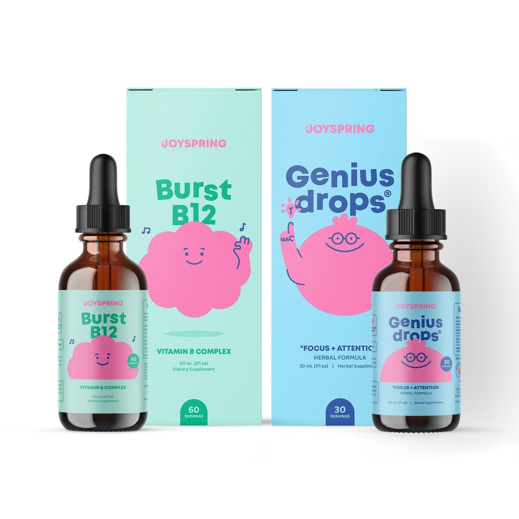 JoySpring Liquid B Complex und Genius Focus Drops für Kinder