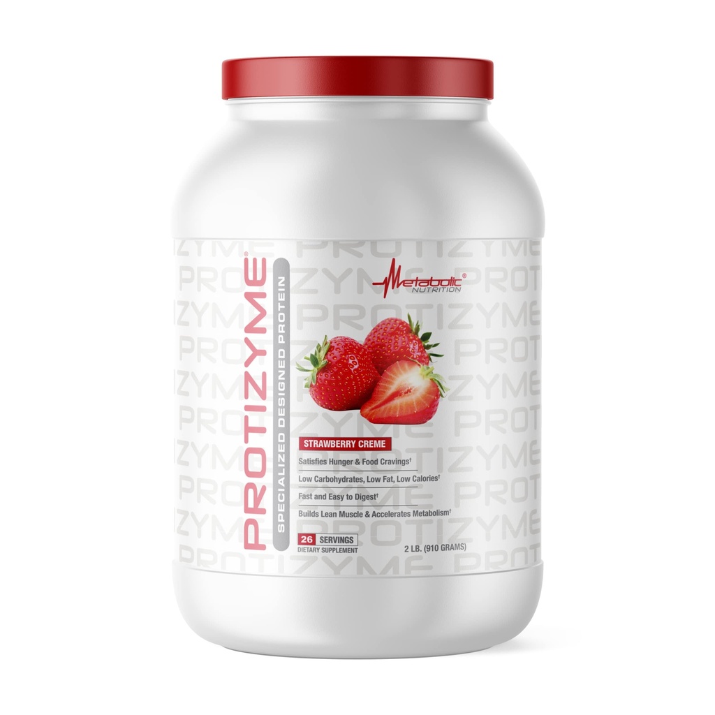 Nutrition métabolique : Protizyme : 100% poudre de protéines de lactosérum, faible teneur en glucides, faible teneur en gras avec enzymes digestives, 24 vitamines essentielles et minéraux