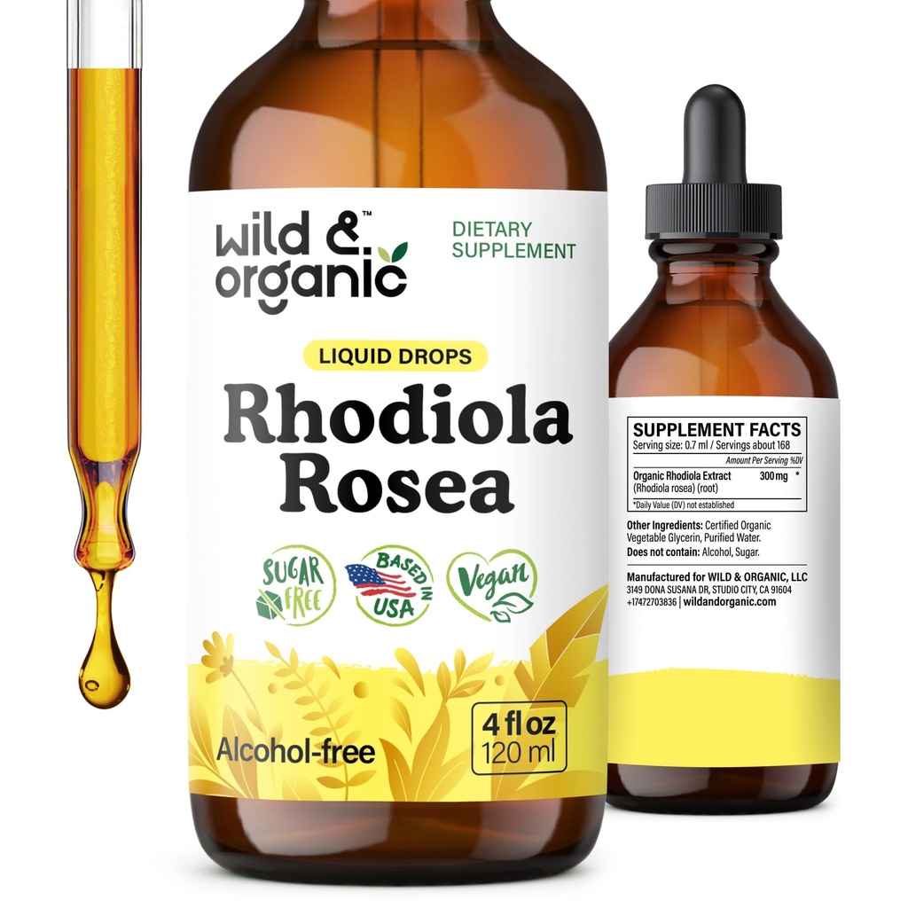 Wild & Organic Rhodiola Rosea Tincture - Rhodiola Rosea Ergänzung für Stimmungsunterstützung - Relaxing Root Extract Liquid Drops - Vegan, Zucker & Alkoholfrei - 4 fl oz