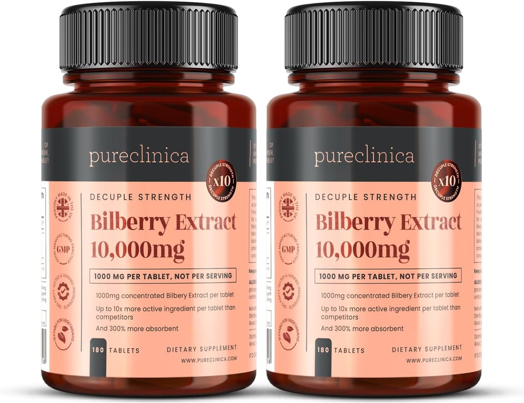 purclinica Extrait de bilberry 10 000mg x 360 comprimés (2 bouteilles) - 10 X Plus d'anthocyanidines par comprimé que la plupart des autres - et 5mg Extrait de poivre noir pour 300% Absorption accrue