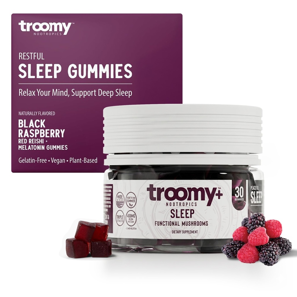 Troomy Sleep Reishi + Melatonin Great Tasting Mushroom Gummis - Unterstützt Restful Sleep - Schwarzer Raspberry - 30 Count
