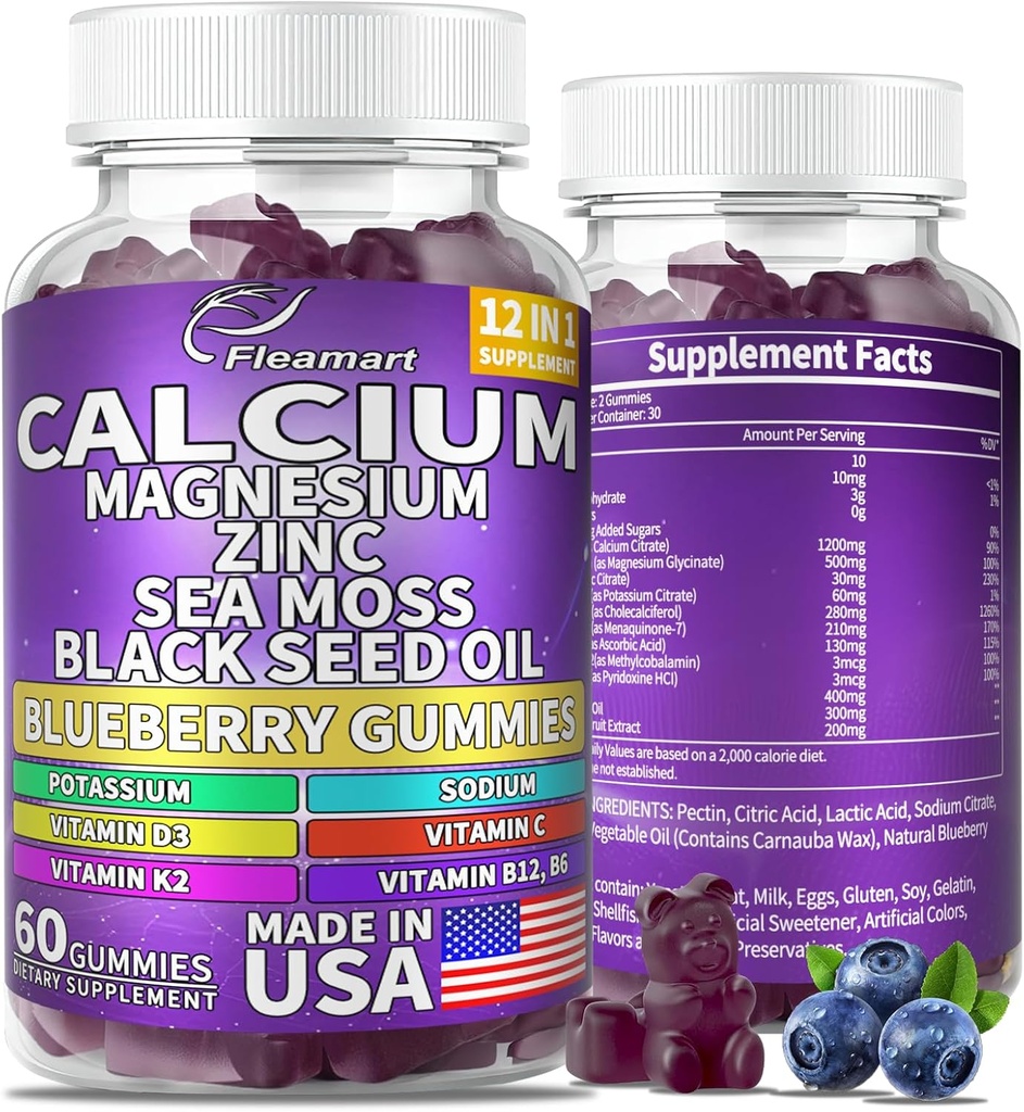 Calcium Magnesium Zink Ergänzung Gummi Zucker frei für Frauen und Männer Calcium Gummies Supplement Knochen & Immununterstützung Made in USA 60 Zähler Blaubeeren Flavor
