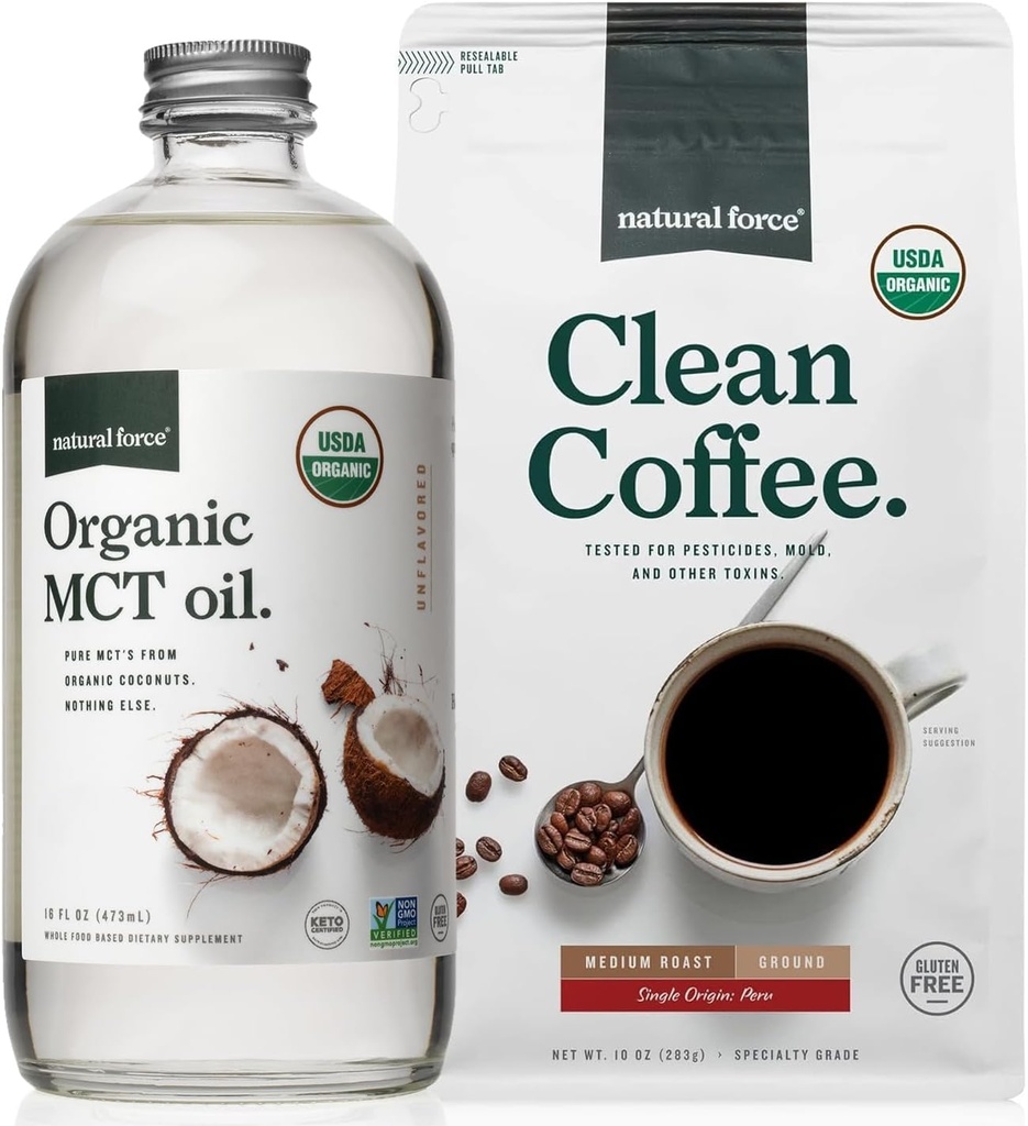 Natural Force Organic Ground Clean Coffee + Organic MCT Oil Bundle – 100% reine Kokosnuss MCT & Mold & Mycotoxin Free Coffee – Non-GMO, Keto, Paleo und Vegan - 10 Oz Bag und 16 Oz Glasflasche