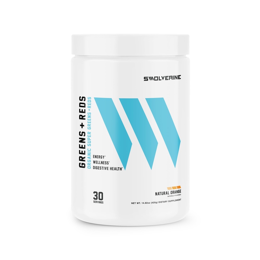 Swolverine Greens & Reds | Super Greens und Reds Pulver mit Spirulina, Chlorella, Weizengras, Granatapfel, Rübenwurzel, Kurkuma, Natürliche Orange Geschmack (30 Servierungen)