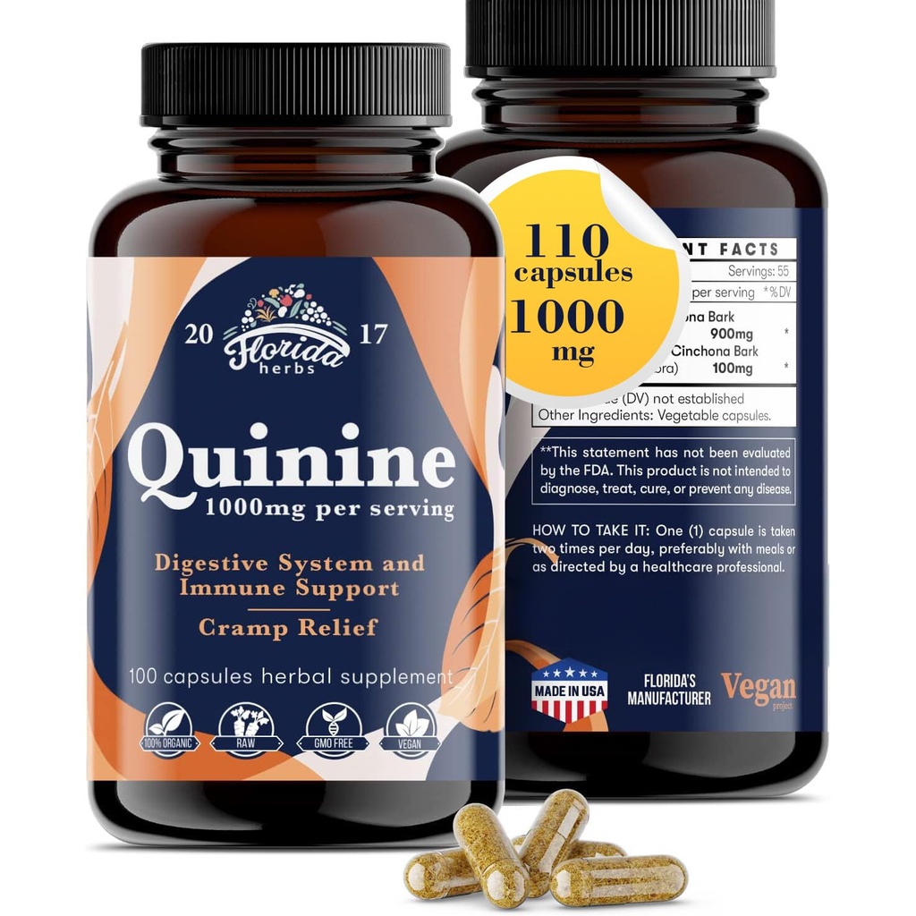 Quinine für Leg Cramps 1000 mg - 110 Kapseln - Cinchona Bark Extract Supplement - Quinine Kapseln - Vegan, Non - GMO