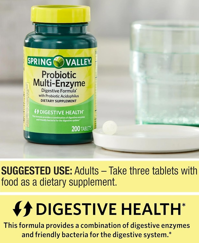 Probiotische Ergänzung mit Verdauungsenzymen für Männer und Frauen, 200 Tabletten - Inklusive Acidophilus, und Präbiotika für Gut Gesundheit und Verdauungsunterstützung | Spring Valley Probiotics Multi-Enzyme