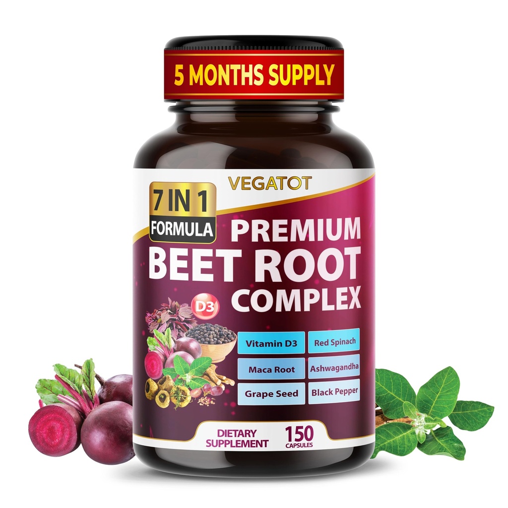Racine de betterave VEGATOT *USA Fabriqué et testé* Concentré avec la racine de Ginseng Maca Ashwagandha - Support de l'étamine énergétique (150 Nombre (paquet de 1))