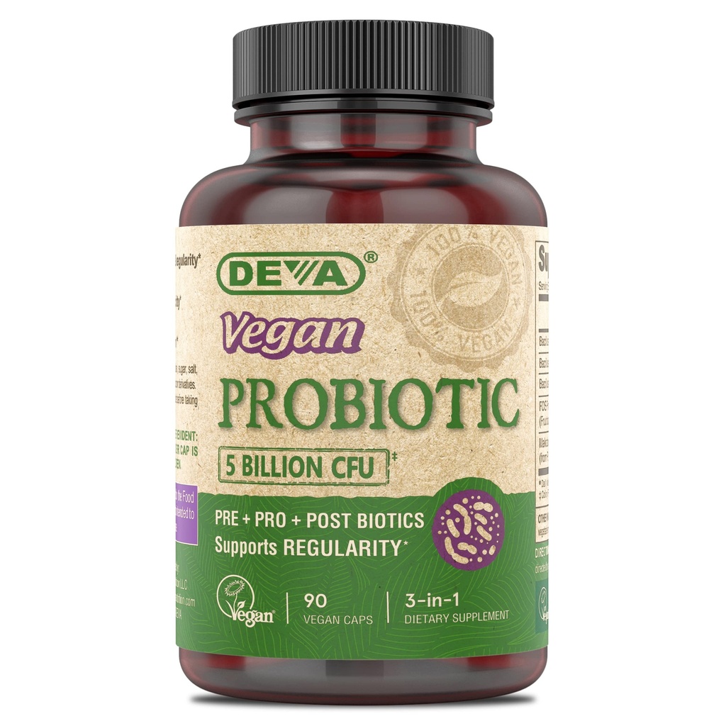 DEVA Vegan Probiotics Supplement - Pré, Pro et Postbiotiques pour la santé digestive, 5 Million CFU, base du sol, Spore-forming, sans lait, FOS Prébiotiques, pour les femmes et les hommes, Capsules végétaliennes, 90 Compte