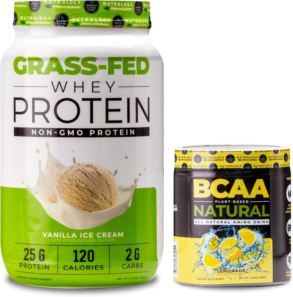 Nutrologie Poudre de protéines de lactosérum de l'herbe, soutient la récupération et la performance des muscles maigres, crème glacée Vanilla (28 portions) BCAA Natural, Limonade Saveur (30 portions)