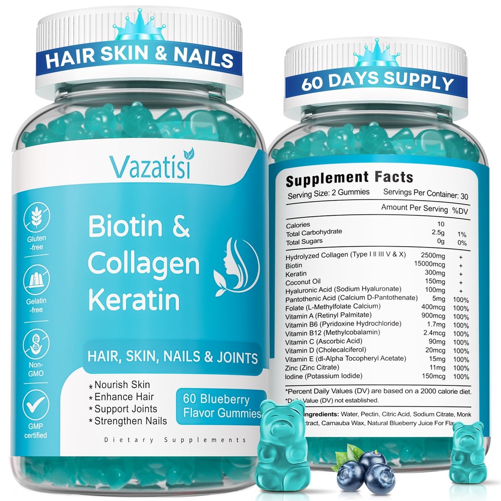 2 Pack Biotin Gummis mit Collagen & Keratin für Haar Skin Nails- Damen Herren, Kinder - 120 Blueberry Flavored Gummies