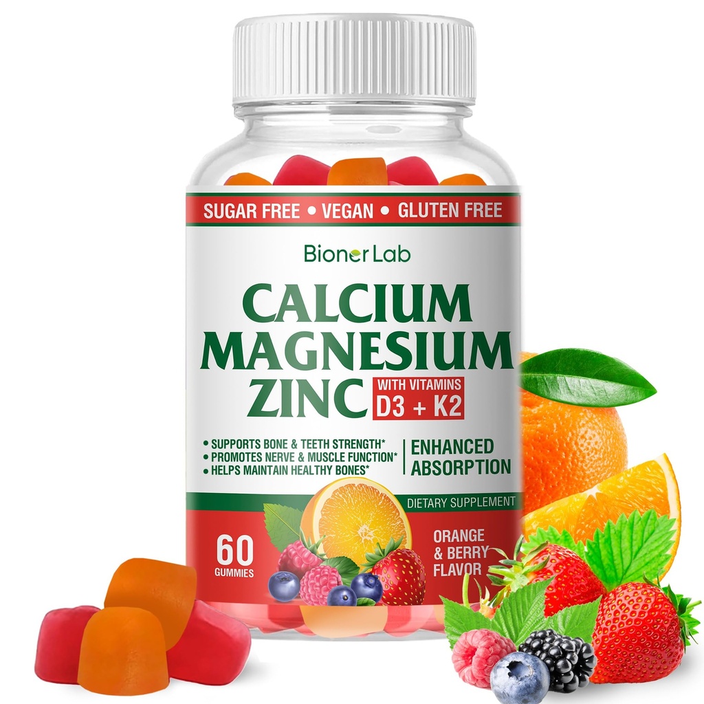 BionerLab Calcium Magnesium Zink-Gummi mit Vitamin D3 & K2 - Hohe Potenz Enhanced Absorption - Orange und Berry Flavored