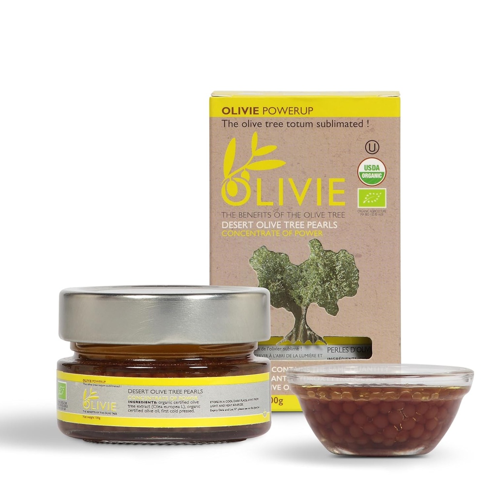 Capsules organiques d'extrait de feuille d'olive, perles PowerUp par OLIVIE, supplément d'hydroxytyrosol, polyphénols antioxydants, immunosupport et cerveau, 100g