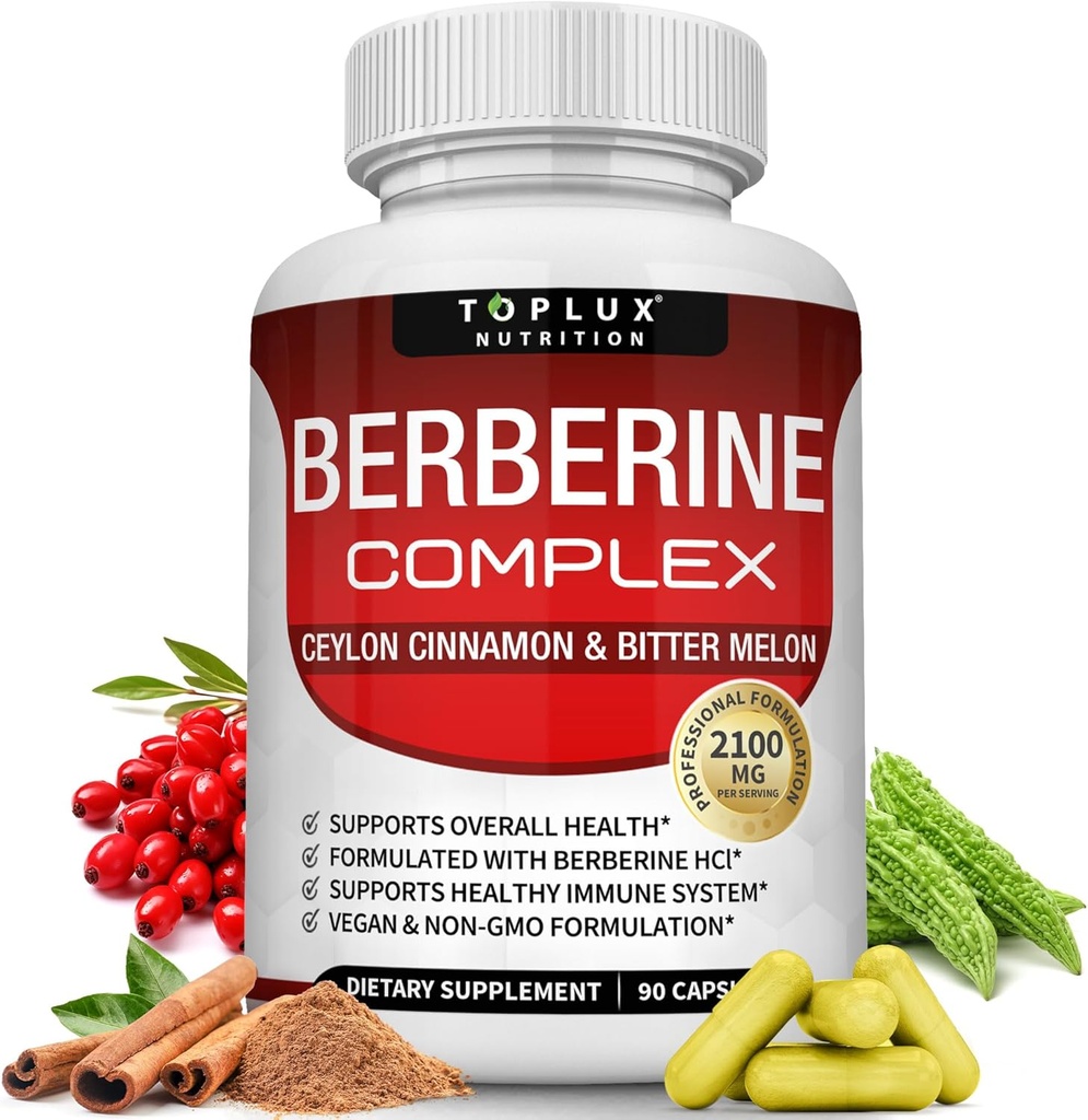 Toplux Berberine mit Ceylon Cinnamon und Bitter Melon 2100mg - Hohe Reinheit 97% HCL Berberine Supplement, unterstützt Gesamtgesundheit & Immunsystem, Non-GMO Vegan 90 Kapseln