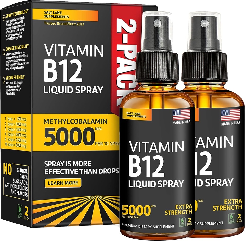 (2 Pack) - Flüssiges B12 Spray 5000 mcg - Vitamin B12 Sublingual - Vegan B12 Vitamin Spray - Methylcobalamin Vitamin B12 Liquid Boosts Energy & Mood - Glutenfrei & Non-GMO