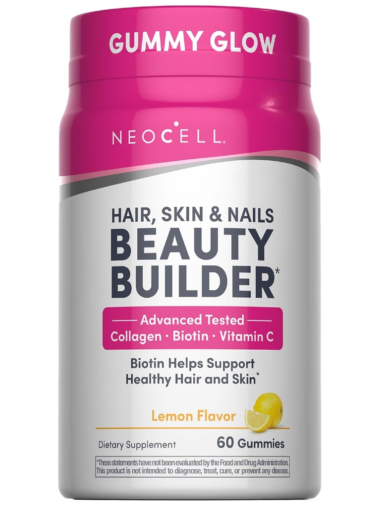 NeoCell Coiffure, peau et ongles Constructeur de beauté avec collagène, biotine et vitamine C, Comprend les antioxydants, Gummy, Citron, 60 Compte, 1 bouteille
