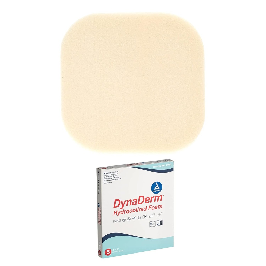 Dynarex DynaDerm Hydrokolloid Dressings, Sterile Moist Bandagen verwendet für alle Arten von Wunden, 4" x 4", Schaum & Latex-frei, Peel-Down Patches - 1 Box mit 5 Dressings