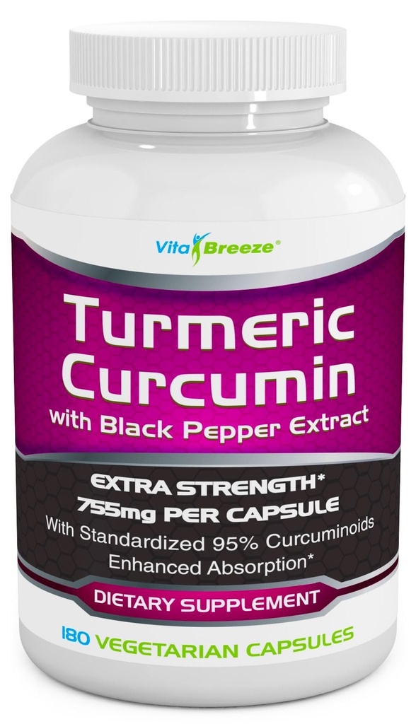 Kurkuminkomplex mit schwarzem Pfefferextrakt - 755mg pro Kapsel, 180 Veg. Caps - Enthält Piperin (für höhere Absorption und dimere Bio-Verfügbarkeit) und 95% Standardisierte Curcuminoide