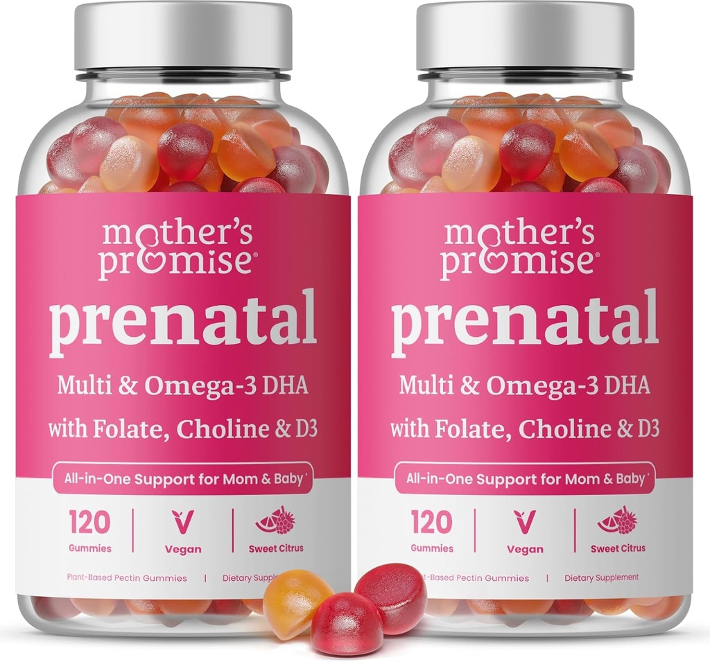Pränatale Vitamin-Gummien mit DHA | Vegan Pränatale Vitamine für Frauen mit Omega 3, Folat, Choline & D3, Prägnanz-Vitamine für Fetale Entwicklung | Gummy Multivitamin Supplement, 120 Zähler (2-Pack)