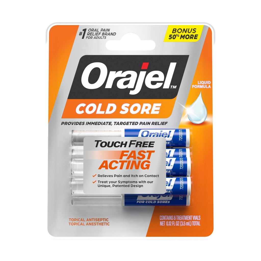 Orajel Touch Traitement sans plaies froides .12oz, Formule liquide, Fournit un soulagement immédiat et ciblé de la douleur, Bonus Taille, 6 Applicateurs.