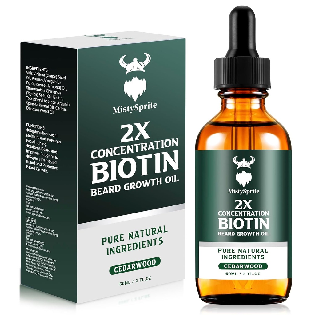 Bart Wachstumsöl - 2X Konzentration Biotin Bartöl für Männer (2 oz) - Natürliche Mens Bartöl mit Argan Öl, Jojoba Öl und Vitamin, Bart Wachstumsweichmacher, Moisturizer (Cedarwood)