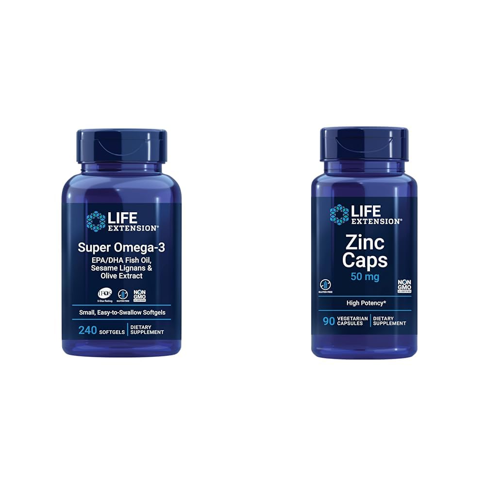 Extension de vie Super Omega-3 EPA/DHA Huile de poisson, sésame Lignans & extrait d'olive - Omega 3 Supplément et bouchons de zinc, zinc 50 mg, zinc Citrate, soutien des défenses immunitaires du corps