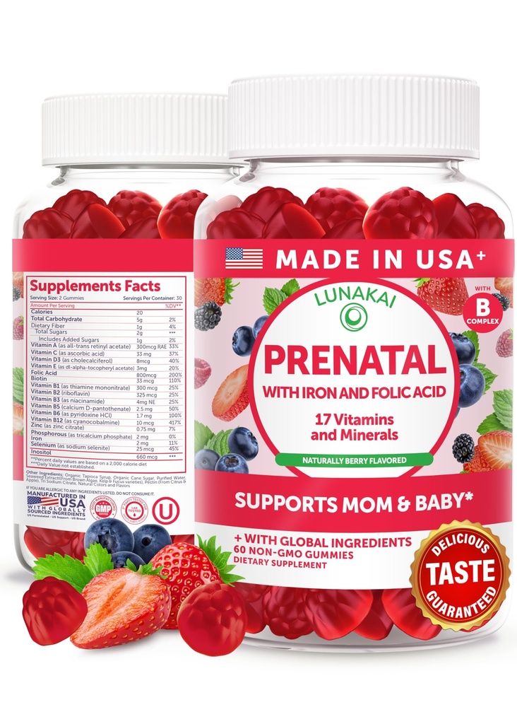 Lunakai USA Vitamines prénatales avec fer et acide folique - Delicious Grossesse Multivitamine Gummies for Women, 60 Compte