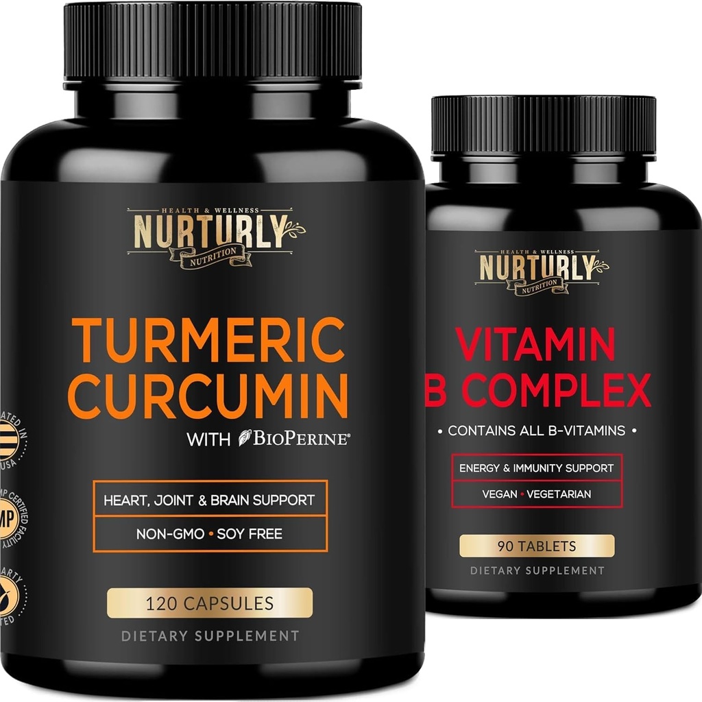 Vitamin B Complex und Kurkumin - Enthält alle essentiellen B Vitamine - B1, B2, B3, B5, B6, B7, B9, B12 und Biotin - Hohe Absorption Turmeric Supplements 1300mg für Gelenk, Herzgesundheit