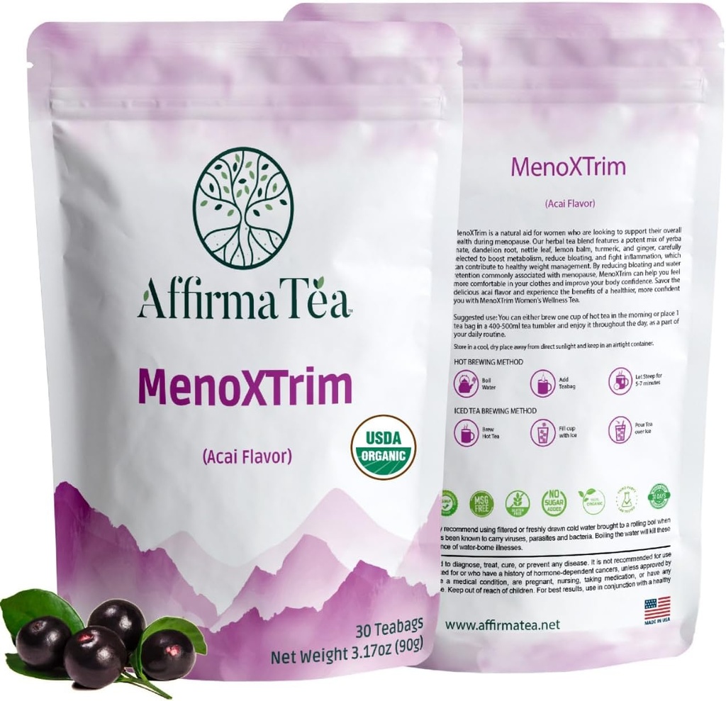 MenoXTrim Organic Menopause Relief: Hormon Balance | Bloating | Hot Flashes | Überflüssiges Wasser | Midlife Belly | Yerba Mate, Dandelion, Nettle Leaf, Lemon Balm, Turmeric, Ginger | Natural Açai Flavor.